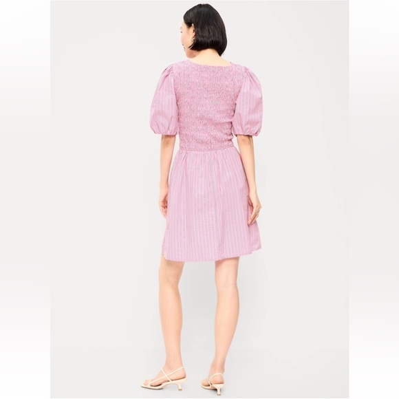 Pink Stripe Smocked Puff Sleeve Fit & Flare Mini Dress NWT L Coquette Barbiecore - Picture 4 of 7